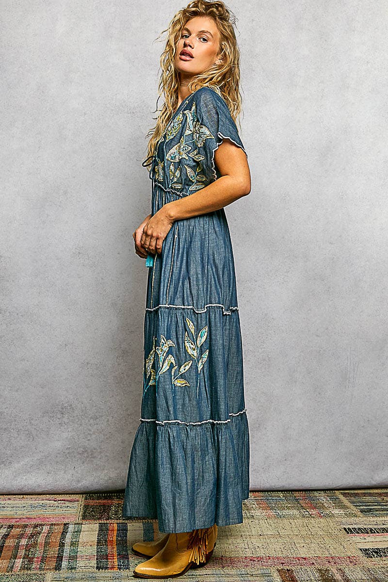 Embroidery Ruffle Neck Loop Cotton Denim V-neck Long Dress-Pol Clothing-Stuffology - Where Vintage Meets Modern, A Boutique for Real Women in Crosbyton, TX
