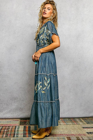 Embroidery Ruffle Neck Loop Cotton Denim V-neck Long Dress-Pol Clothing-Stuffology - Where Vintage Meets Modern, A Boutique for Real Women in Crosbyton, TX