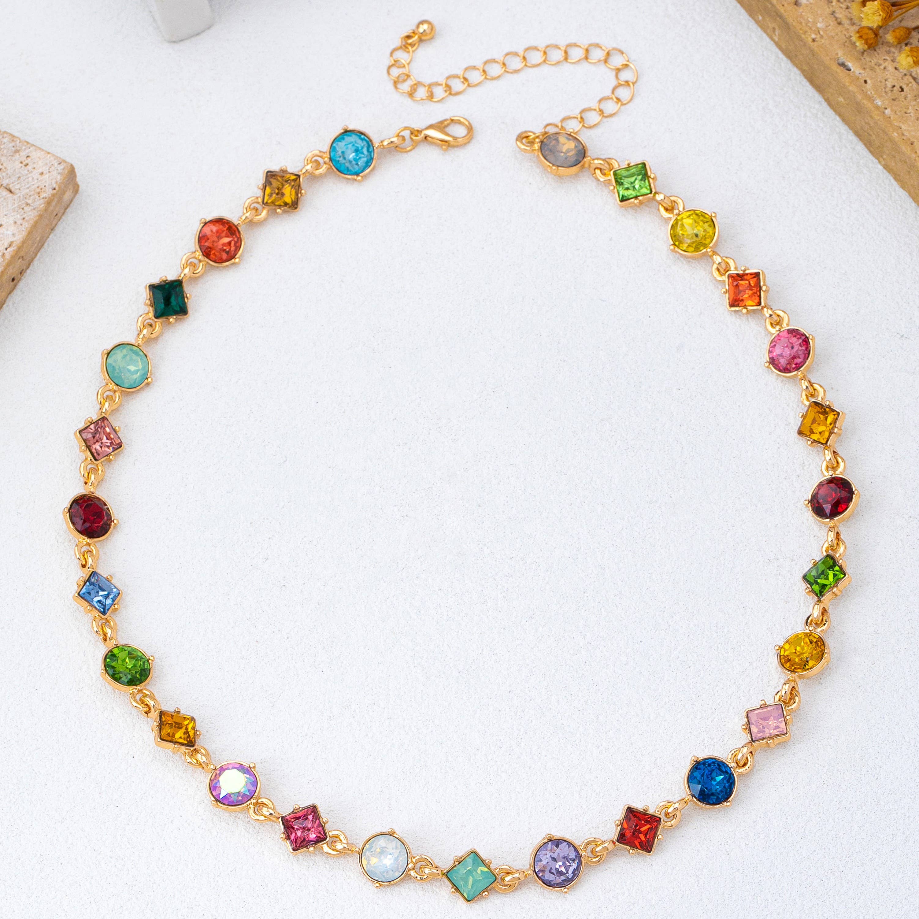 Multicolored Mixed-Shape Crystal Station Necklace | 80N93256-Necklaces-JOSSLYN by wall to wall-Stuffology - Where Vintage Meets Modern, A Boutique for Real Women in Crosbyton, TX