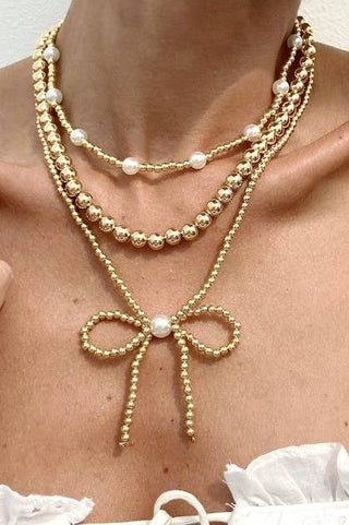 MULTILAYER BALL CHAIN BEAD PEARL BOW NECKLACE | 40NK9455-Necklaces-JOSSLYN by wall to wall-Stuffology - Where Vintage Meets Modern, A Boutique for Real Women in Crosbyton, TX