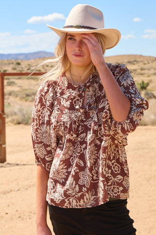 Mocha Wave Boho Printed Top-TOP-Oddi-Stuffology - Where Vintage Meets Modern, A Boutique for Real Women in Crosbyton, TX