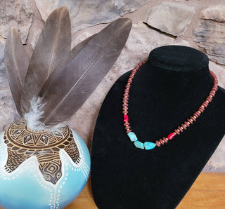 Turquoise, Coral Necklace, wood beads Native American made-Necklaces-Horse Spirit Studio-Stuffology - Where Vintage Meets Modern, A Boutique for Real Women in Crosbyton, TX