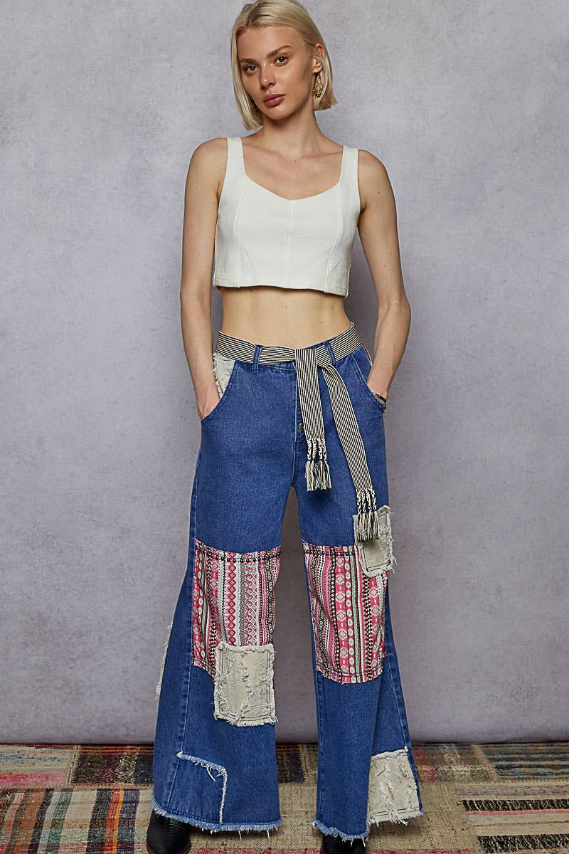 POL Clothing Boho Patchwork Denim Wide Leg Jeans-Jeans-Pol Clothing-Stuffology - Where Vintage Meets Modern, A Boutique for Real Women in Crosbyton, TX