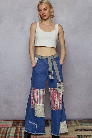 POL Clothing Boho Patchwork Denim Wide Leg Jeans-Jeans-Pol Clothing-Stuffology - Where Vintage Meets Modern, A Boutique for Real Women in Crosbyton, TX
