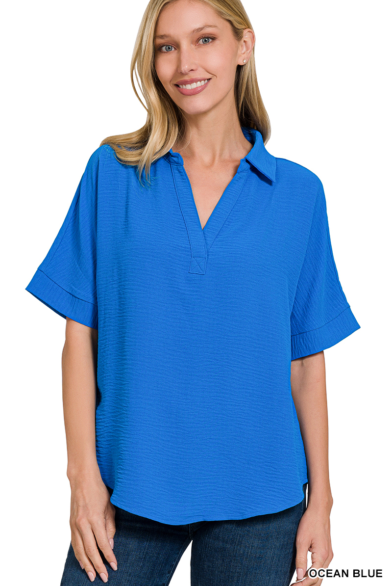 BLUE WOVEN AIRFLOW COLLARED V-NECK SHORT SLEEVE TOP | Stuffology Boutique-Short Sleeves-Zenana-Stuffology - Where Vintage Meets Modern, A Boutique for Real Women in Crosbyton, TX