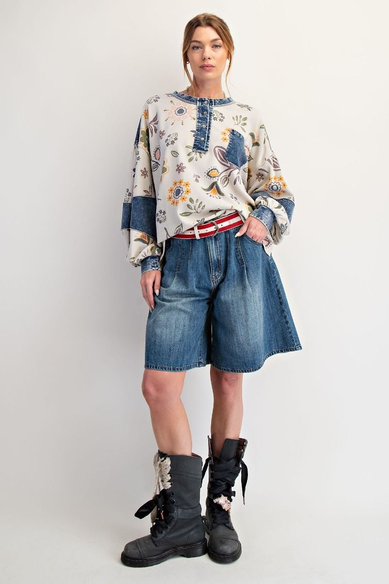 Easel Denim Mix Floral Top-Tops-Easel-Stuffology - Where Vintage Meets Modern, A Boutique for Real Women in Crosbyton, TX