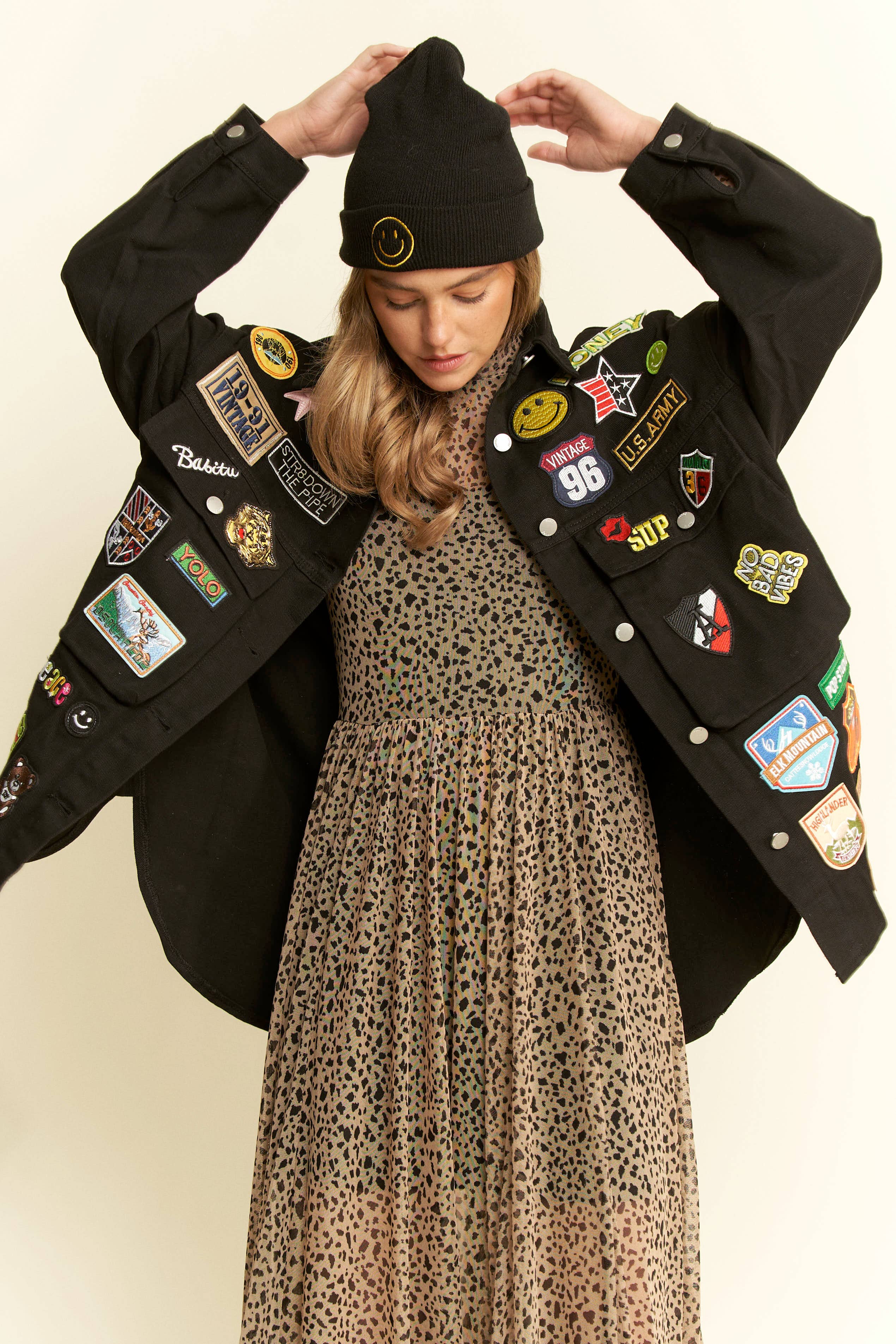 BLACK MULTI PATCH OVERSIZE JACKET-Jackets-JADE BY JANE-Stuffology - Where Vintage Meets Modern, A Boutique for Real Women in Crosbyton, TX