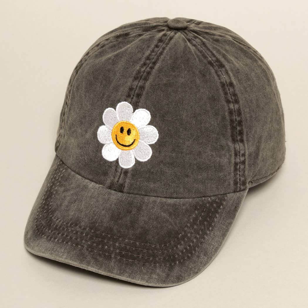 Happy Face Flower Embroidered Baseball Cap | Stuffology Boutique-Hats-Fashion City-Stuffology - Where Vintage Meets Modern, A Boutique for Real Women in Crosbyton, TX