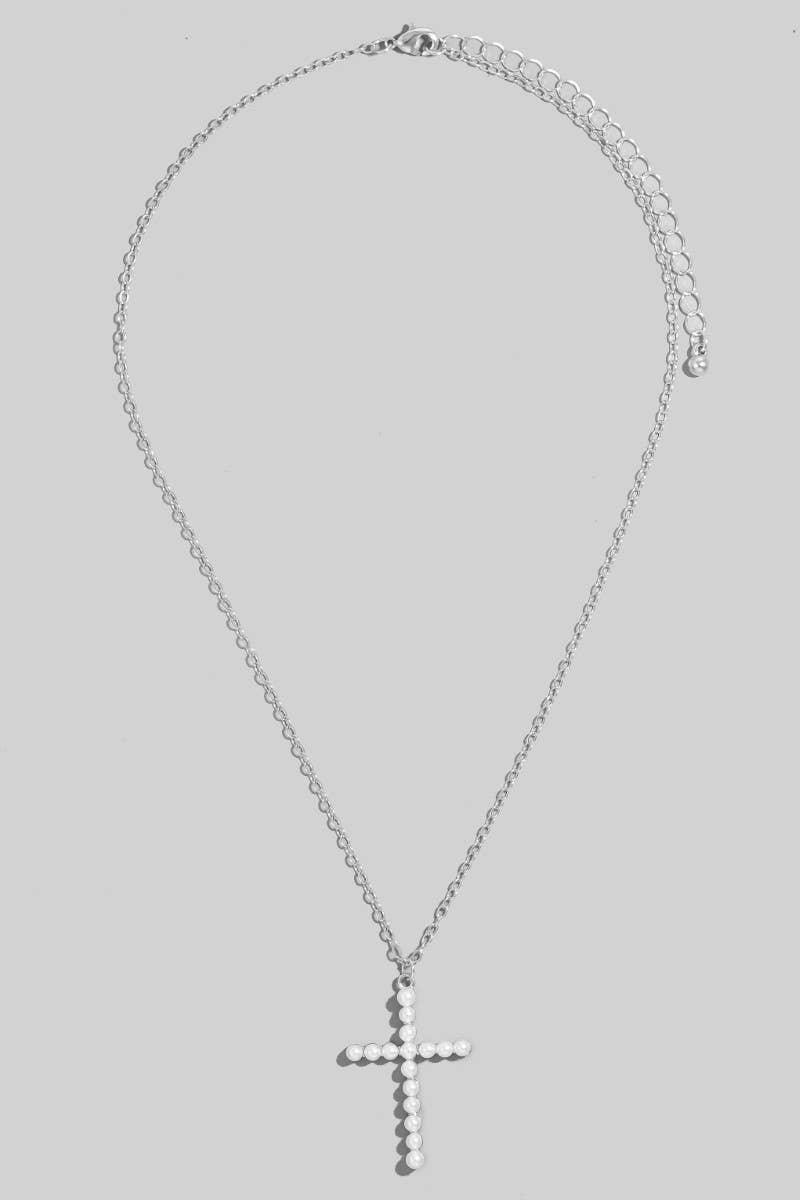 Pearl Cross Pendant Necklace-Necklaces-The Looks by Fame Accessories-Stuffology - Where Vintage Meets Modern, A Boutique for Real Women in Crosbyton, TX