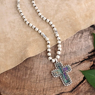 Pearlized beads Necklace with Cross and Clover pendant Mother of Pearl Abalone-Necklaces-PennyLine inc-Stuffology - Where Vintage Meets Modern, A Boutique for Real Women in Crosbyton, TX
