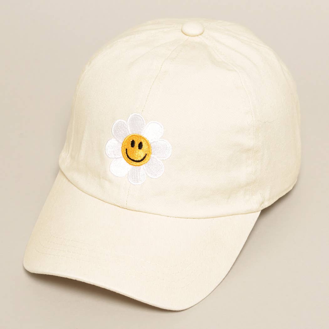 Happy Face Flower Embroidered Baseball Cap | Stuffology Boutique-Hats-Fashion City-Stuffology - Where Vintage Meets Modern, A Boutique for Real Women in Crosbyton, TX