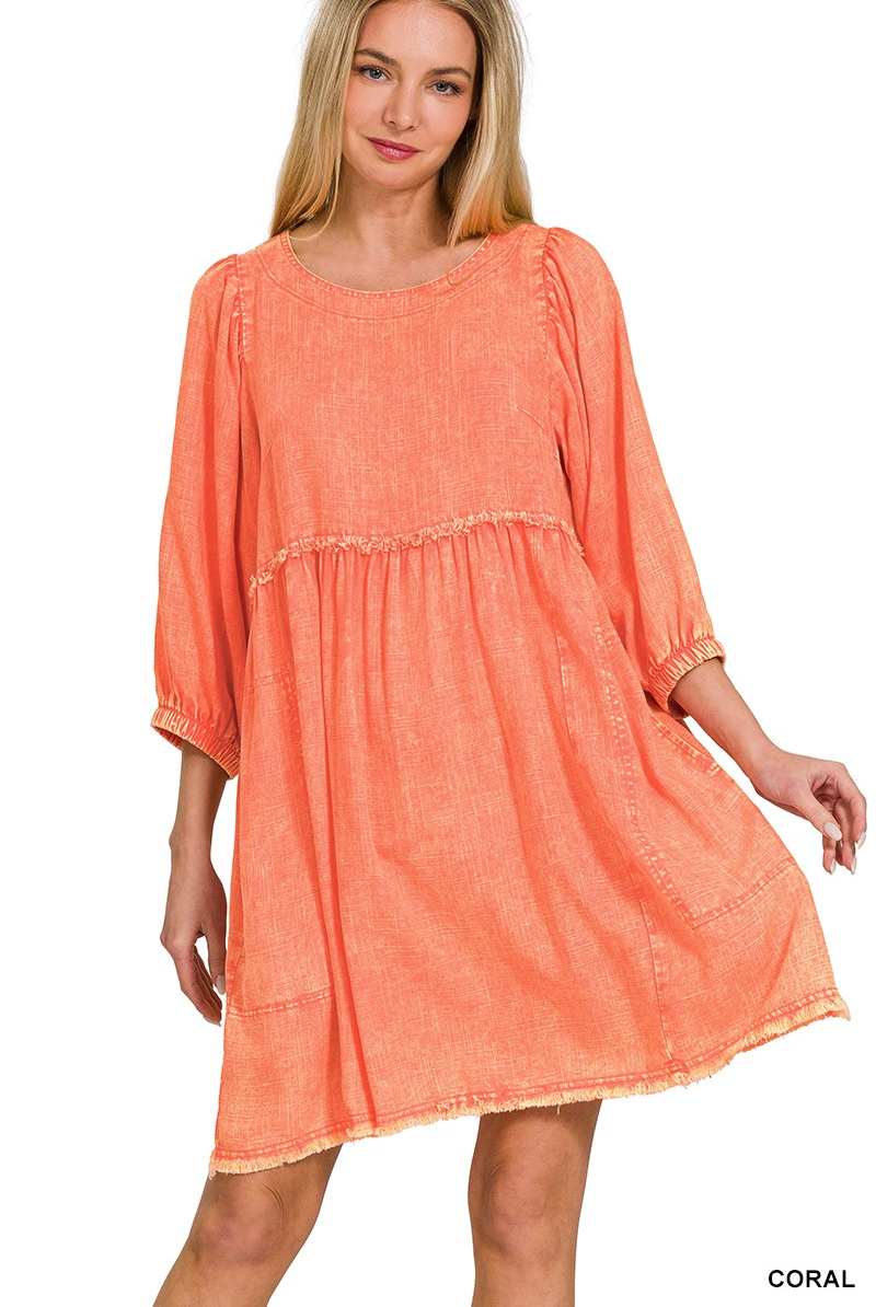 Coral Washed Linen Puff Sleeve Babydoll Dress / Stuffology Boutique-Dresses-Zenana-Stuffology - Where Vintage Meets Modern, A Boutique for Real Women in Crosbyton, TX
