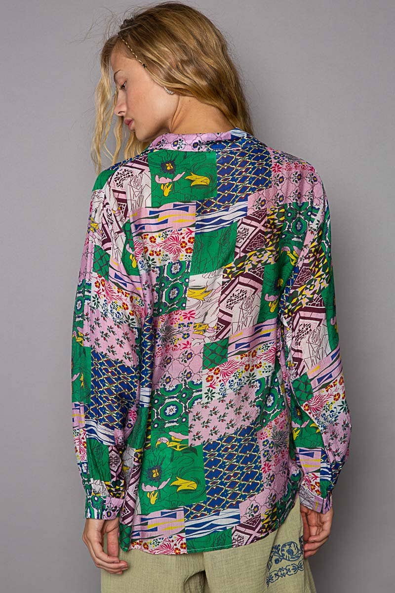 Oversize multi patterns button down long sleeve top /Stuffology Boutique-Shirt / Jacket-Pol Clothing-Stuffology - Where Vintage Meets Modern, A Boutique for Real Women in Crosbyton, TX