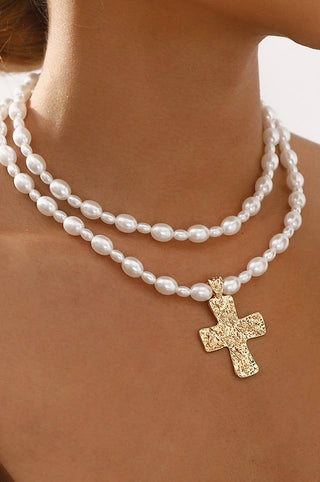 LUSTROUS FAUX PEARL BEADED LAYERED CROSS NECKLACE | 40NK9552-Necklaces-JOSSLYN by wall to wall-Stuffology - Where Vintage Meets Modern, A Boutique for Real Women in Crosbyton, TX