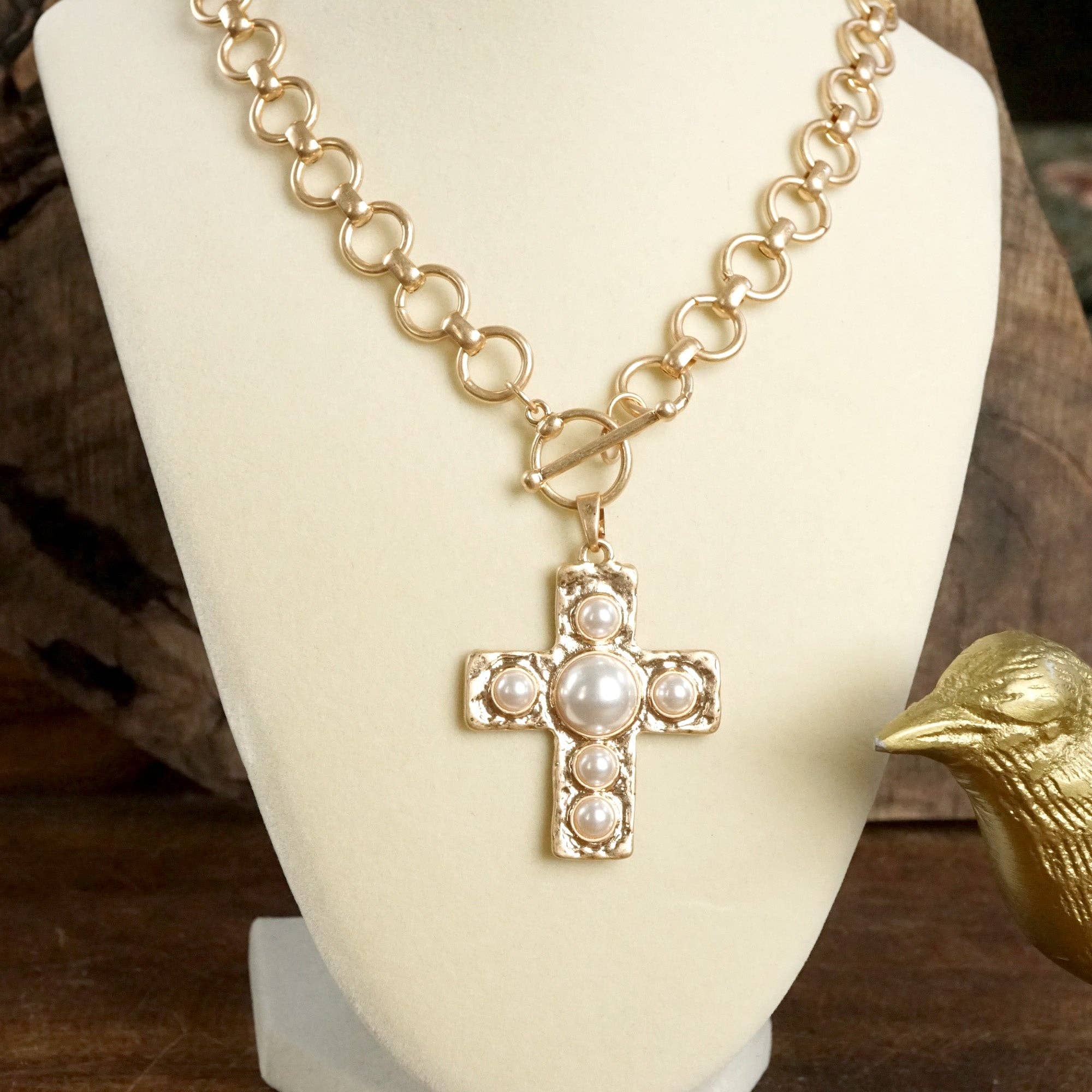 Primitive Cross Necklace – Worn Gold Tone with Acrylic Turquoise or Pearl Cabochons-PennyLine inc-Stuffology - Where Vintage Meets Modern, A Boutique for Real Women in Crosbyton, TX