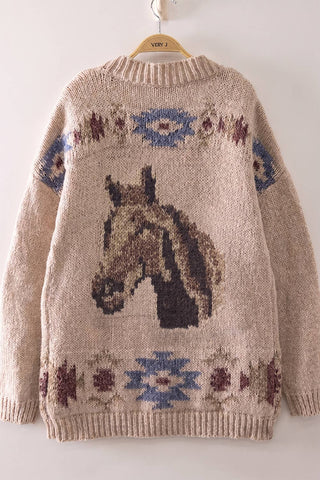 12W3668N-Western Horse Intarsia Knit Cardigan-VERY J-Stuffology - Where Vintage Meets Modern, A Boutique for Real Women in Crosbyton, TX