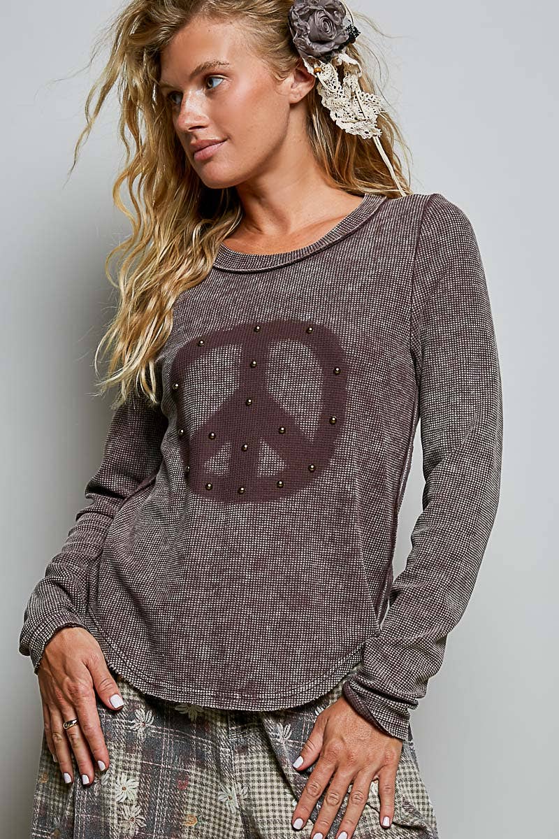 Studded Peace Sign Long Sleeve Thermal Top-Tops-Pol Clothing-Stuffology - Where Vintage Meets Modern, A Boutique for Real Women in Crosbyton, TX