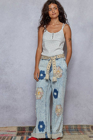 Floral Patchwork Rolled-up Denim Straight Pants-Jeans-Pol Clothing-Stuffology - Where Vintage Meets Modern, A Boutique for Real Women in Crosbyton, TX