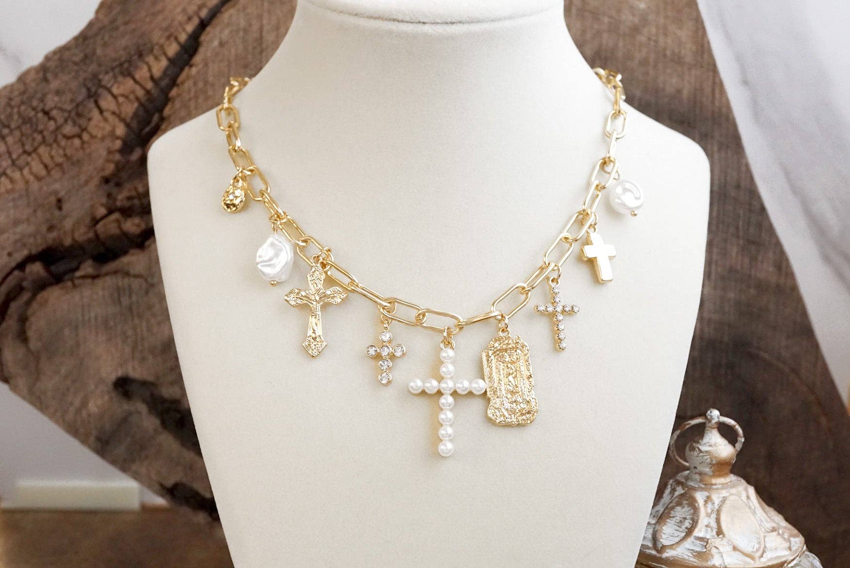 Radiant Faith – Mixed Charm Cascade Necklace in Gold Tone-Necklaces-PennyLine inc-Stuffology - Where Vintage Meets Modern, A Boutique for Real Women in Crosbyton, TX