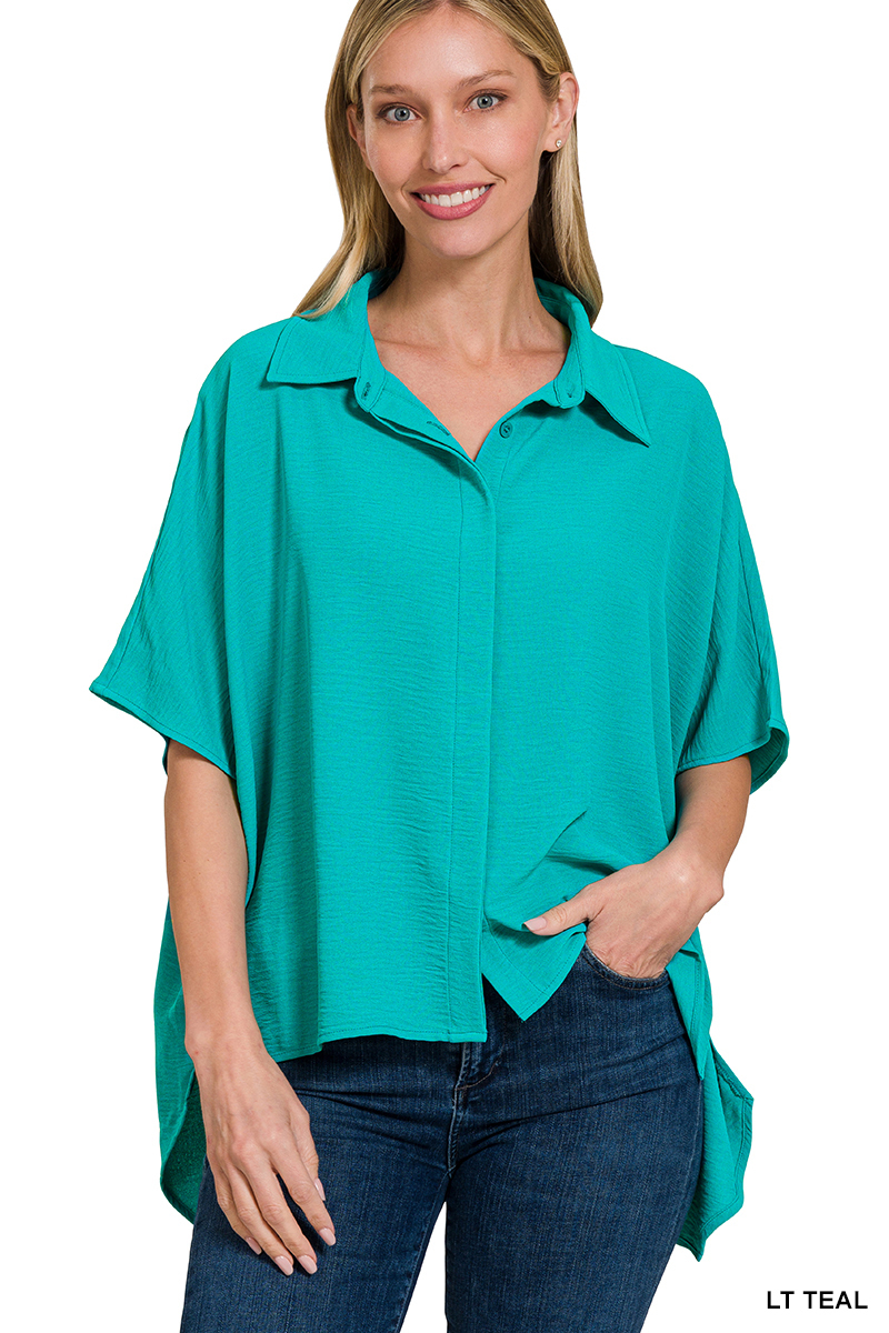 TEAL WOVEN AIRFLOW SHORT SLEEVE BUTTON DOWN SHIRT TOP | STUFFOLOGY BOUTIQUE-Top-Zenana-Stuffology - Where Vintage Meets Modern, A Boutique for Real Women in Crosbyton, TX