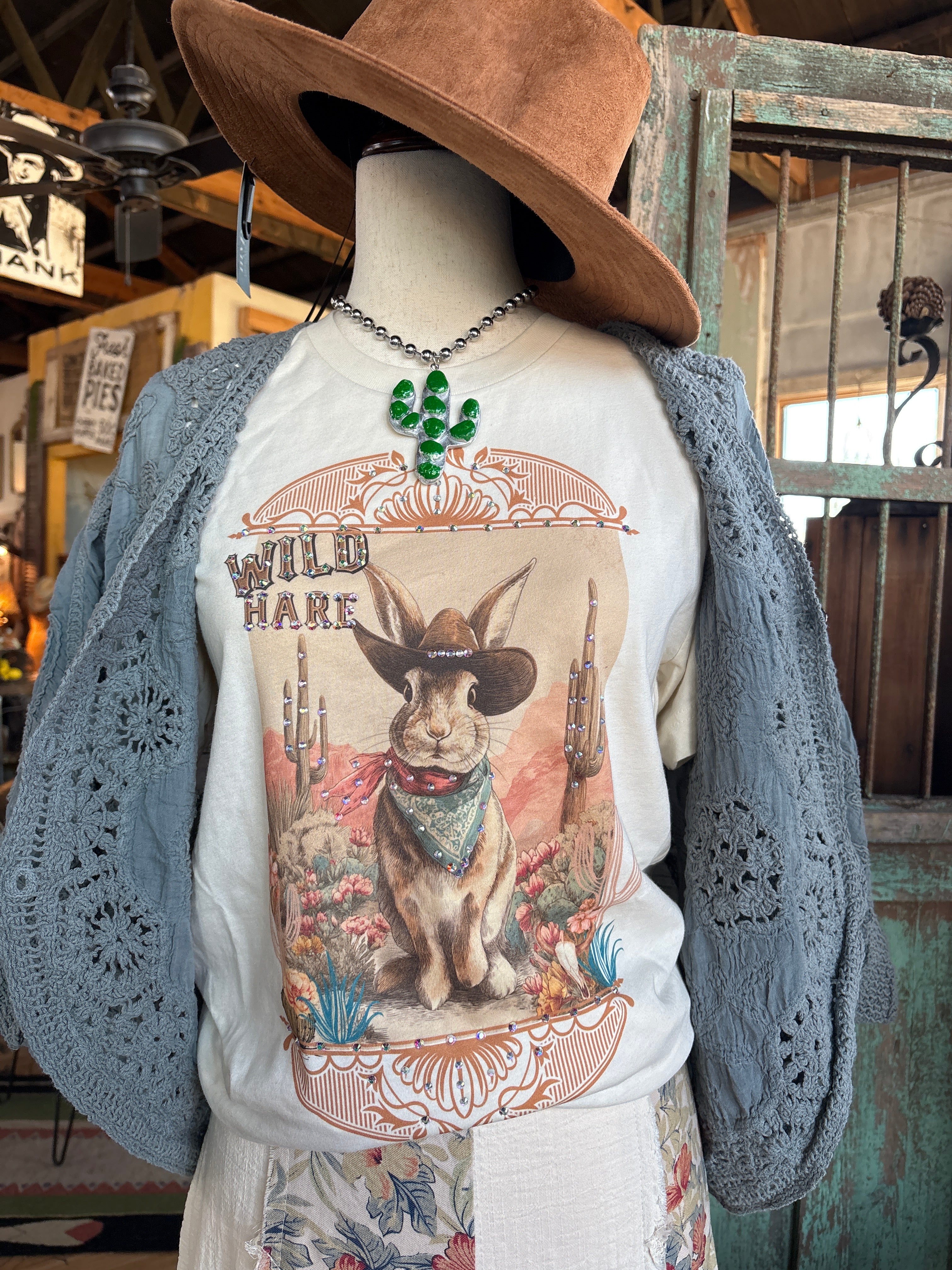Desert Wild Hare Rhinestone Graphic Tee-Women > Tops > Tshirts > Graphic-Stuffology Boutique -Stuffology - Where Vintage Meets Modern, A Boutique for Real Women in Crosbyton, TX