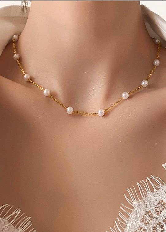 TITANIUM STEEL NON-TARNISH PEARL STATION NECKLACE | 40NK334-Necklaces-JOSSLYN by wall to wall-Stuffology - Where Vintage Meets Modern, A Boutique for Real Women in Crosbyton, TX