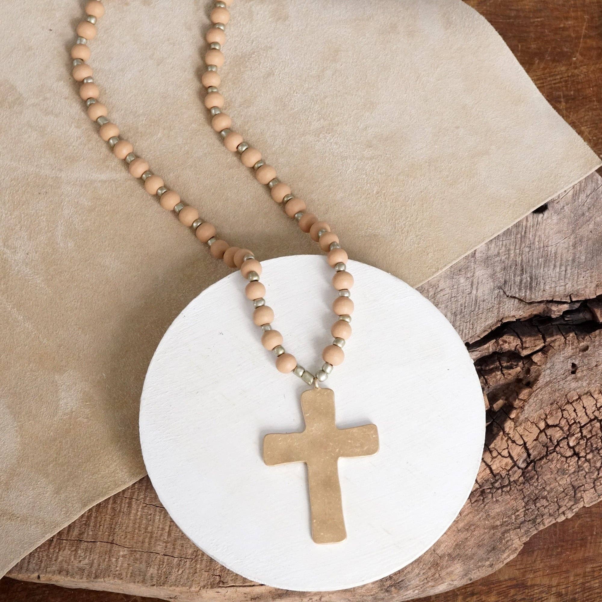 Long Wooden Bead Necklace with Gold Cross-Necklaces-PennyLine inc-Stuffology - Where Vintage Meets Modern, A Boutique for Real Women in Crosbyton, TX