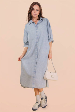 Washed Denim Casual Midi Dress-Dresses-VERY J-Stuffology - Where Vintage Meets Modern, A Boutique for Real Women in Crosbyton, TX