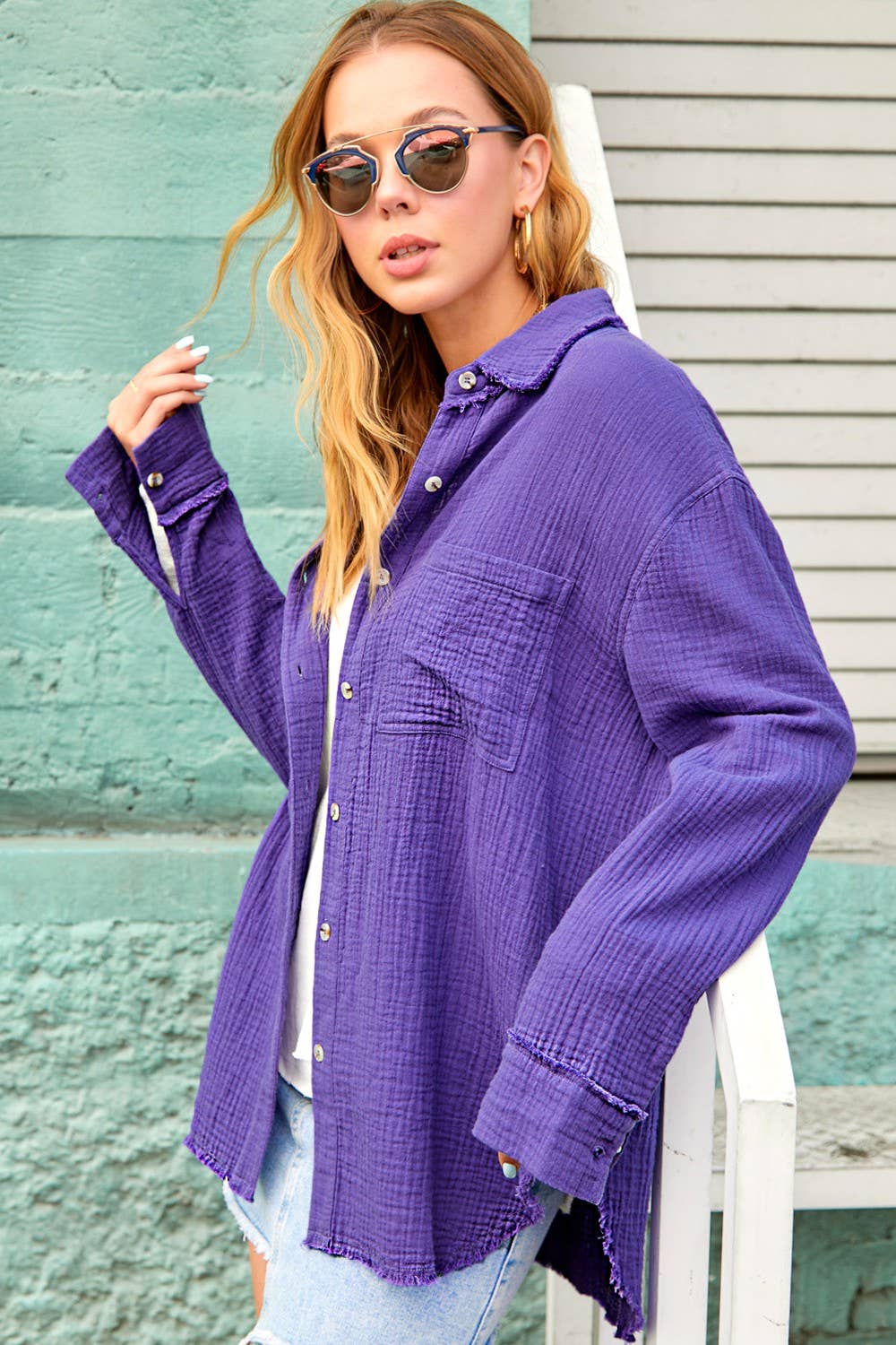 Crinkled Gauze Button Down Shirt-La Miel-Stuffology - Where Vintage Meets Modern, A Boutique for Real Women in Crosbyton, TX
