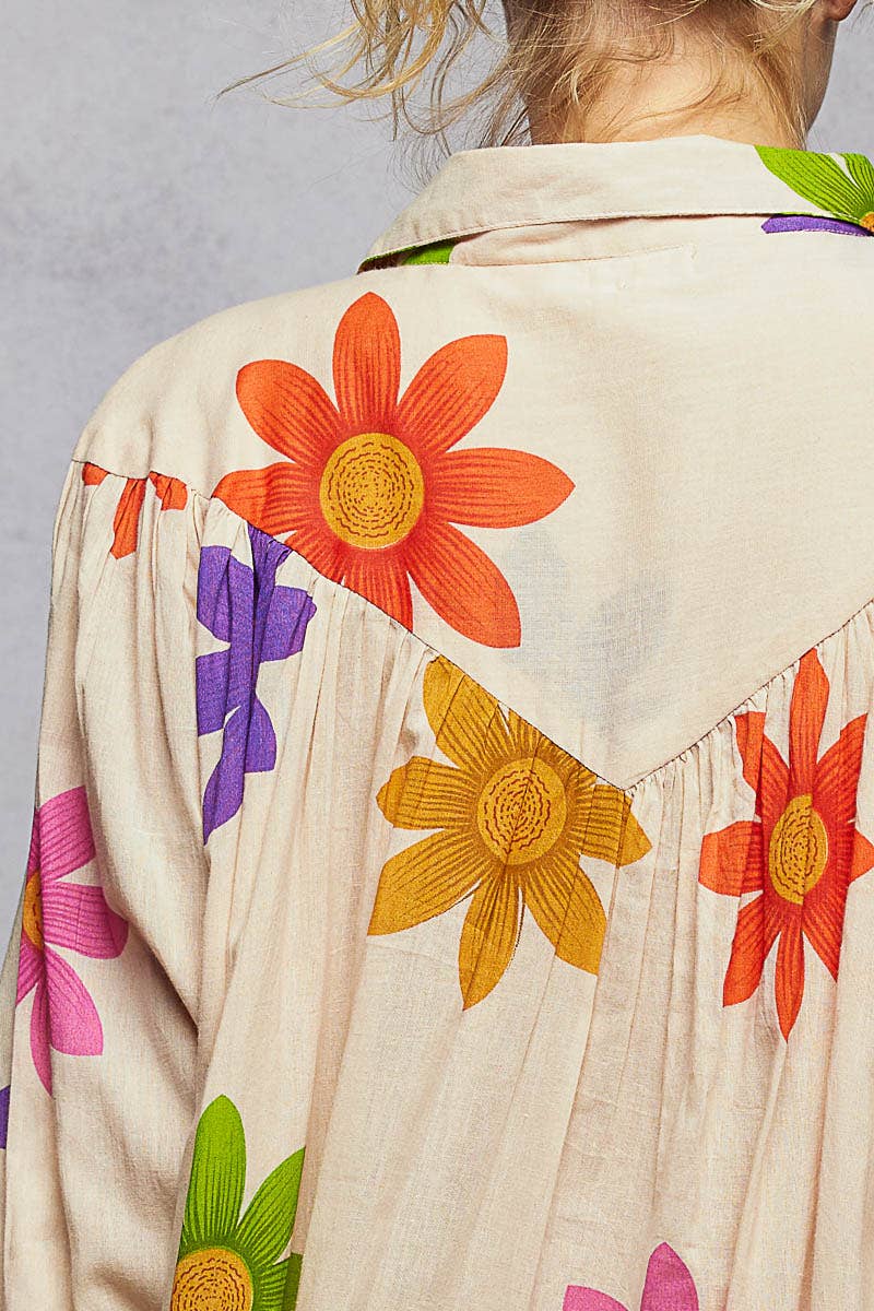 Long Sleeve Shirred Shoulder Beads Floral Print Shirt Dress-Dresses-Pol Clothing-Stuffology - Where Vintage Meets Modern, A Boutique for Real Women in Crosbyton, TX