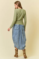 DENIM SIDE TUCK DETAIL MIDI SKIRT-Skirts-Doe and Rae-Stuffology - Where Vintage Meets Modern, A Boutique for Real Women in Crosbyton, TX