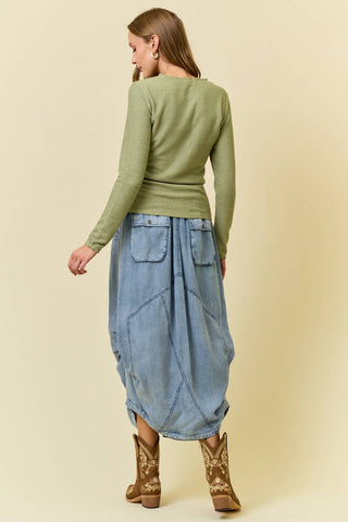 DENIM SIDE TUCK DETAIL MIDI SHIRT - 6557S-2-Skirts-Doe and Rae-Stuffology - Where Vintage Meets Modern, A Boutique for Real Women in Crosbyton, TX