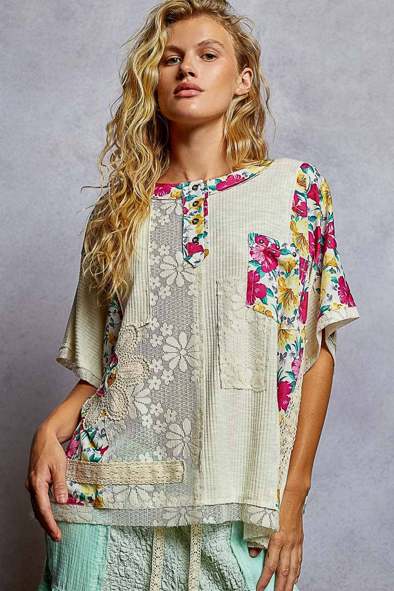 POL Clothing Round Neck Short Sleeve Floral Knit Rib Top-Loose Fit Top-Pol Clothing-Stuffology - Where Vintage Meets Modern, A Boutique for Real Women in Crosbyton, TX