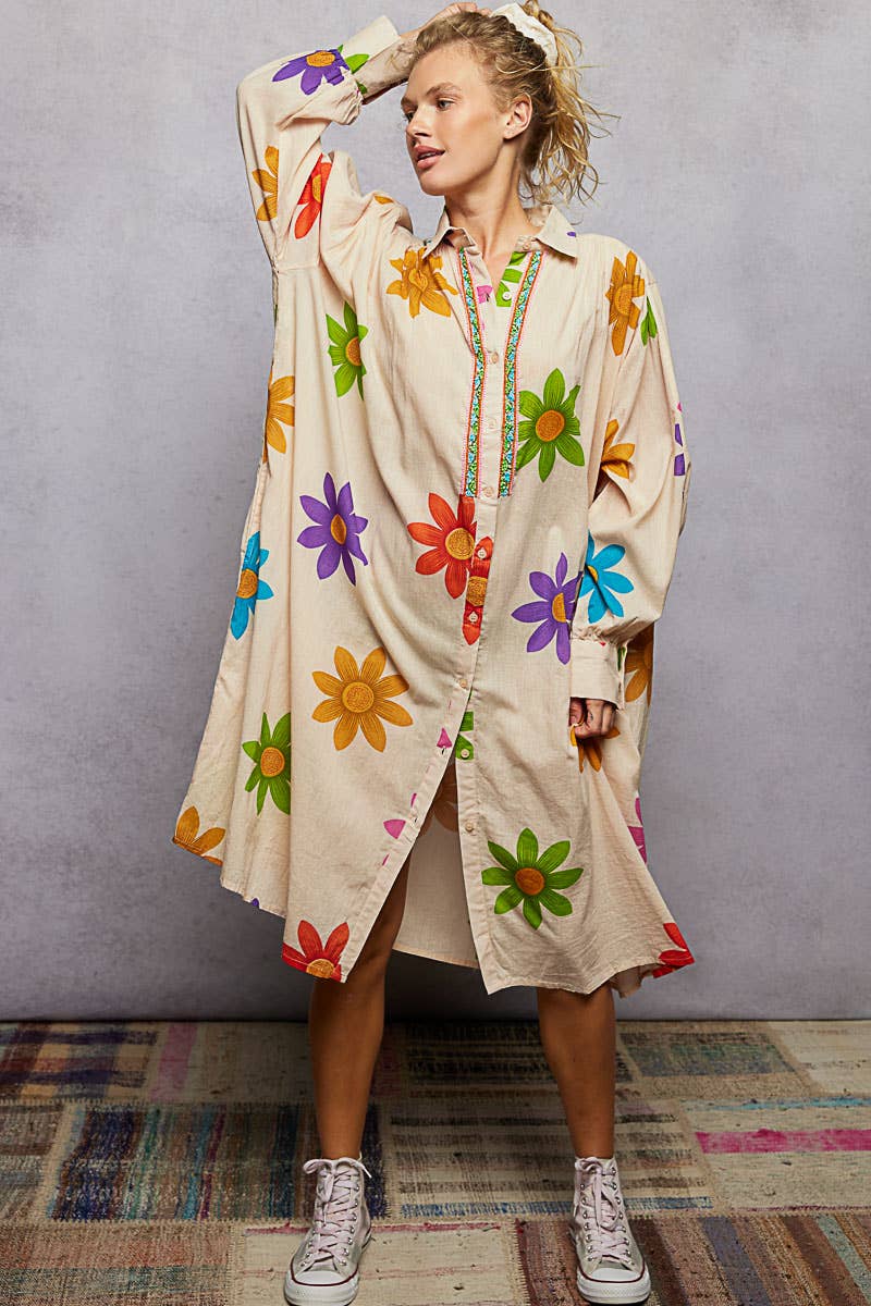 Long Sleeve Shirred Shoulder Beads Floral Print Shirt Dress-Dresses-Pol Clothing-Stuffology - Where Vintage Meets Modern, A Boutique for Real Women in Crosbyton, TX