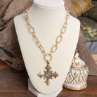 Decorative Cross Statement Necklace – Worn Gold Tone-Necklaces-PennyLine inc-Stuffology - Where Vintage Meets Modern, A Boutique for Real Women in Crosbyton, TX