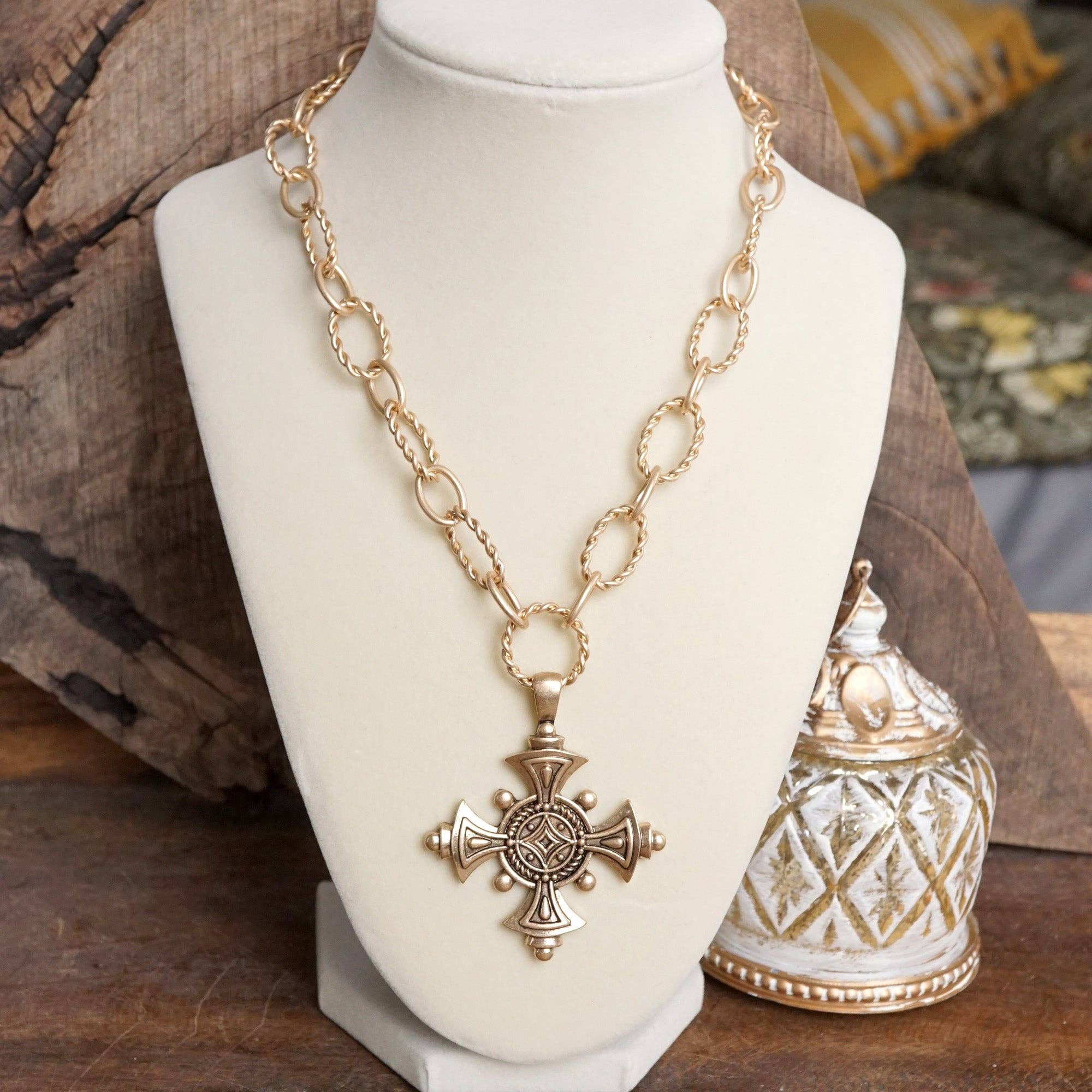 Decorative Cross Statement Necklace – Worn Gold Tone-Necklaces-PennyLine inc-Stuffology - Where Vintage Meets Modern, A Boutique for Real Women in Crosbyton, TX