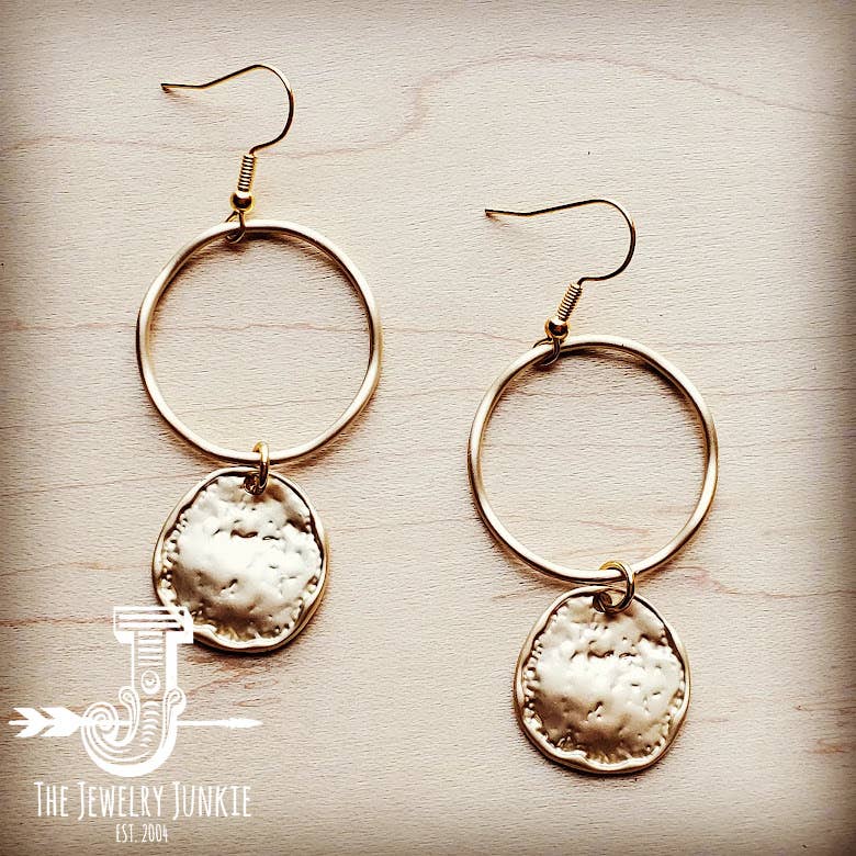 Matte Gold Hoop Earrings with Coin Dangle 203v-The Jewelry Junkie-Stuffology - Where Vintage Meets Modern, A Boutique for Real Women in Crosbyton, TX