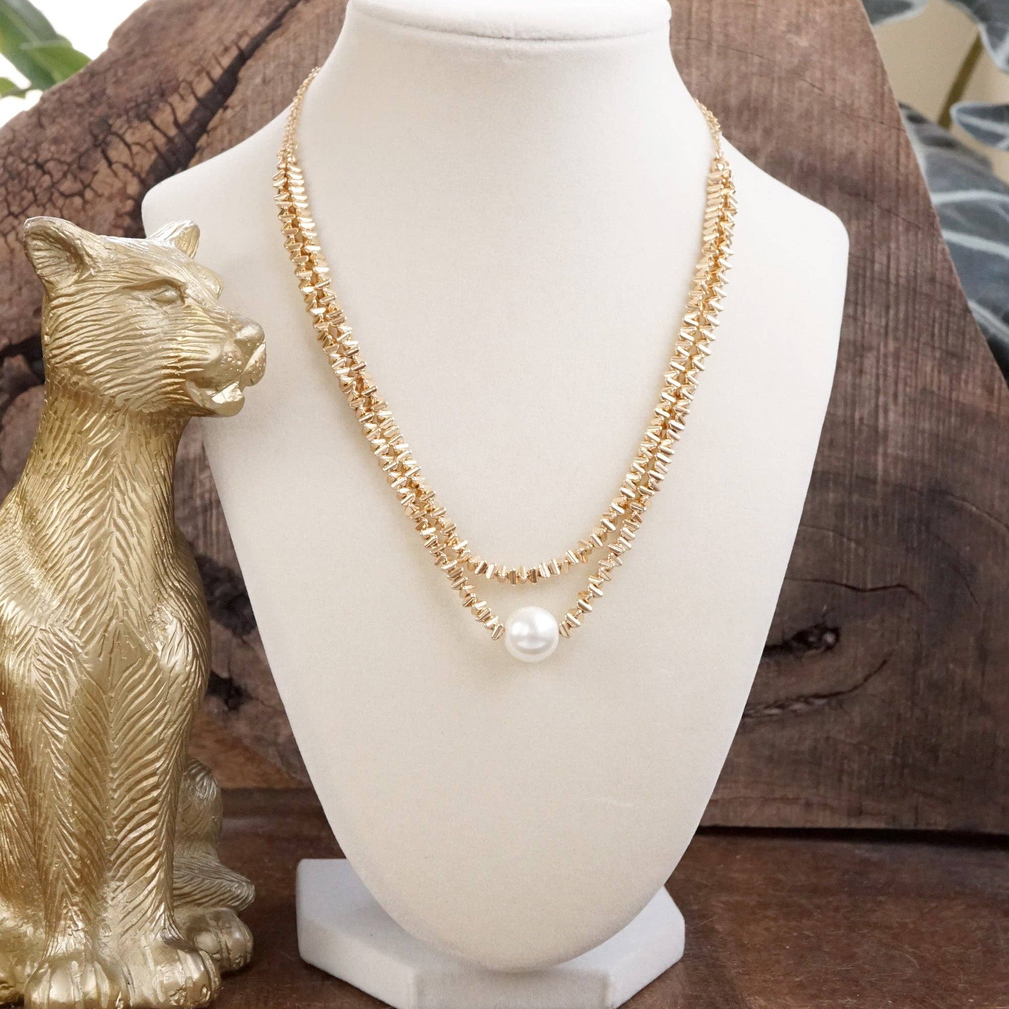 Golden Grace – Double Layer Necklace with Pearl and 3D Beads-Necklaces-PennyLine inc-Stuffology - Where Vintage Meets Modern, A Boutique for Real Women in Crosbyton, TX