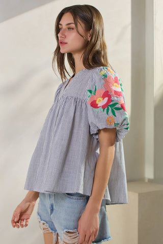 Navy Yarn Dye Striped Fabric Top-Blouse-Oddi-Stuffology - Where Vintage Meets Modern, A Boutique for Real Women in Crosbyton, TX
