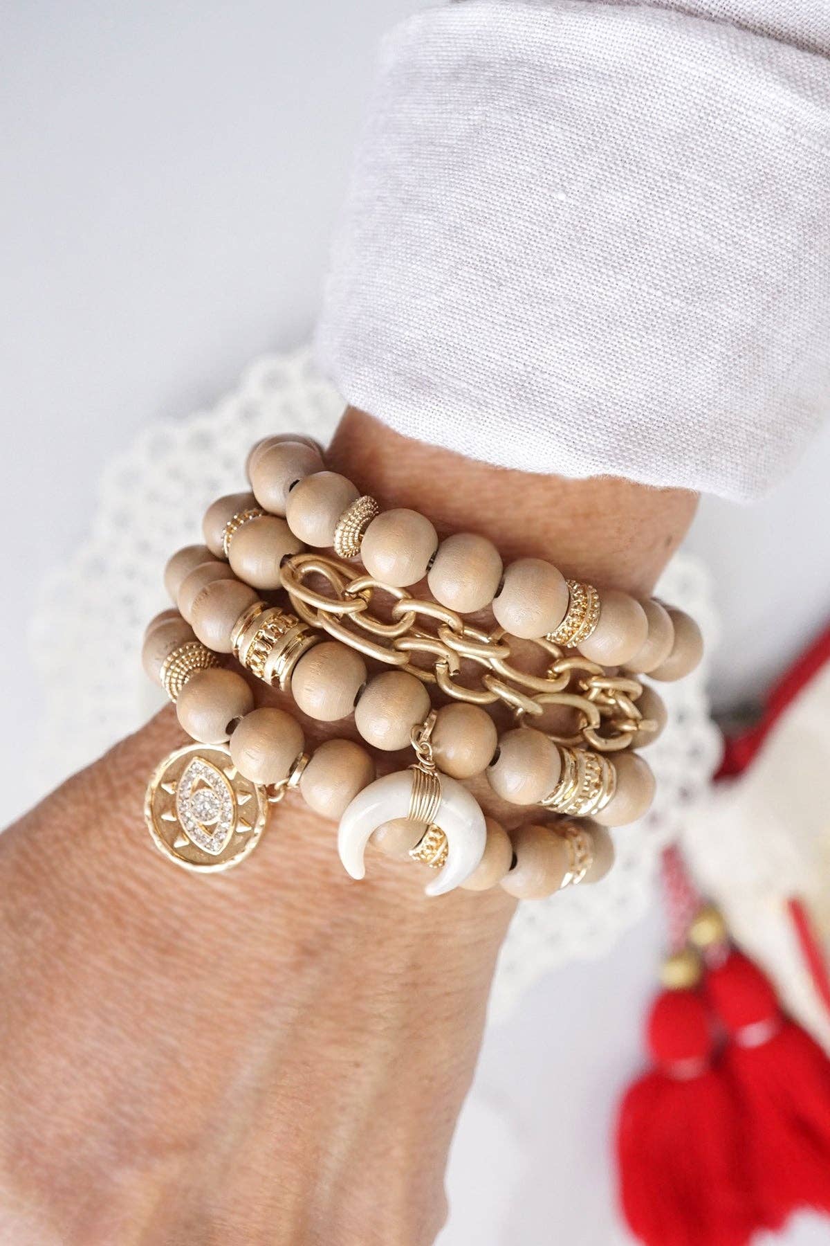 Beaded Boho Bracelets set of 4 with Gold Coin Neutral wooden Beads and Metal chain-Bracelets-PennyLine inc-Stuffology - Where Vintage Meets Modern, A Boutique for Real Women in Crosbyton, TX