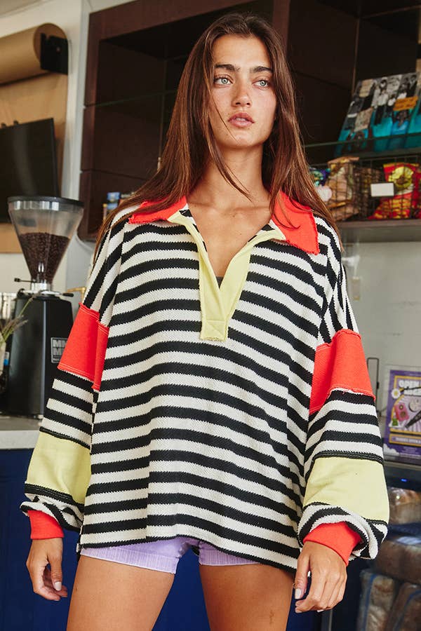 Stripe French Terry Solid Contrast Collar Top /Stuffology Boutique-Loose Fit Top-BUCKETLIST-Stuffology - Where Vintage Meets Modern, A Boutique for Real Women in Crosbyton, TX