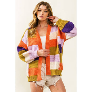 MULTI COLOR CHECKER BLOCK SWEATER CARDIGAN