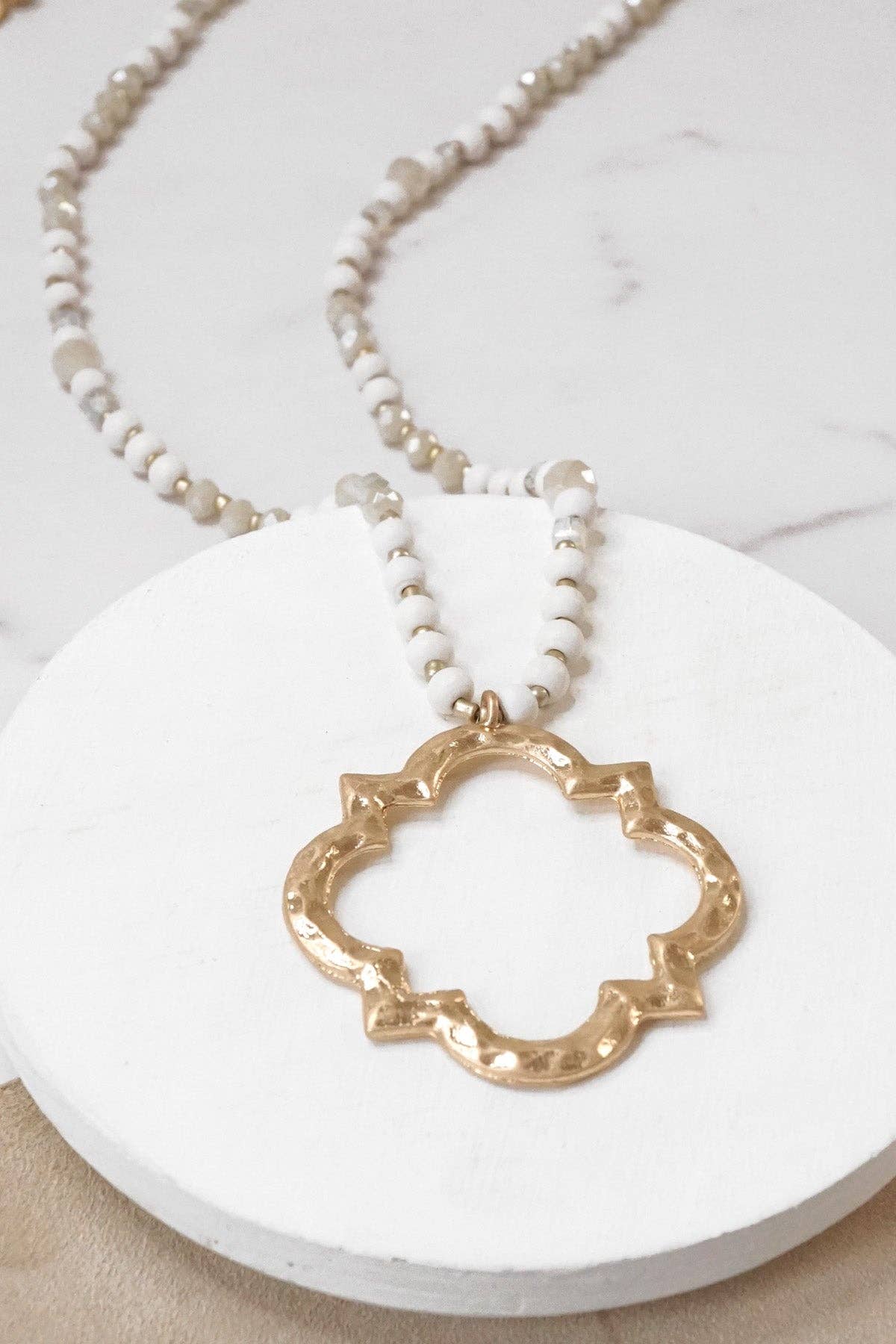 Long Wooden Bead Necklace with Clover Quatrefoil gold pendant - Ivory Cream-PennyLine inc-Stuffology - Where Vintage Meets Modern, A Boutique for Real Women in Crosbyton, TX