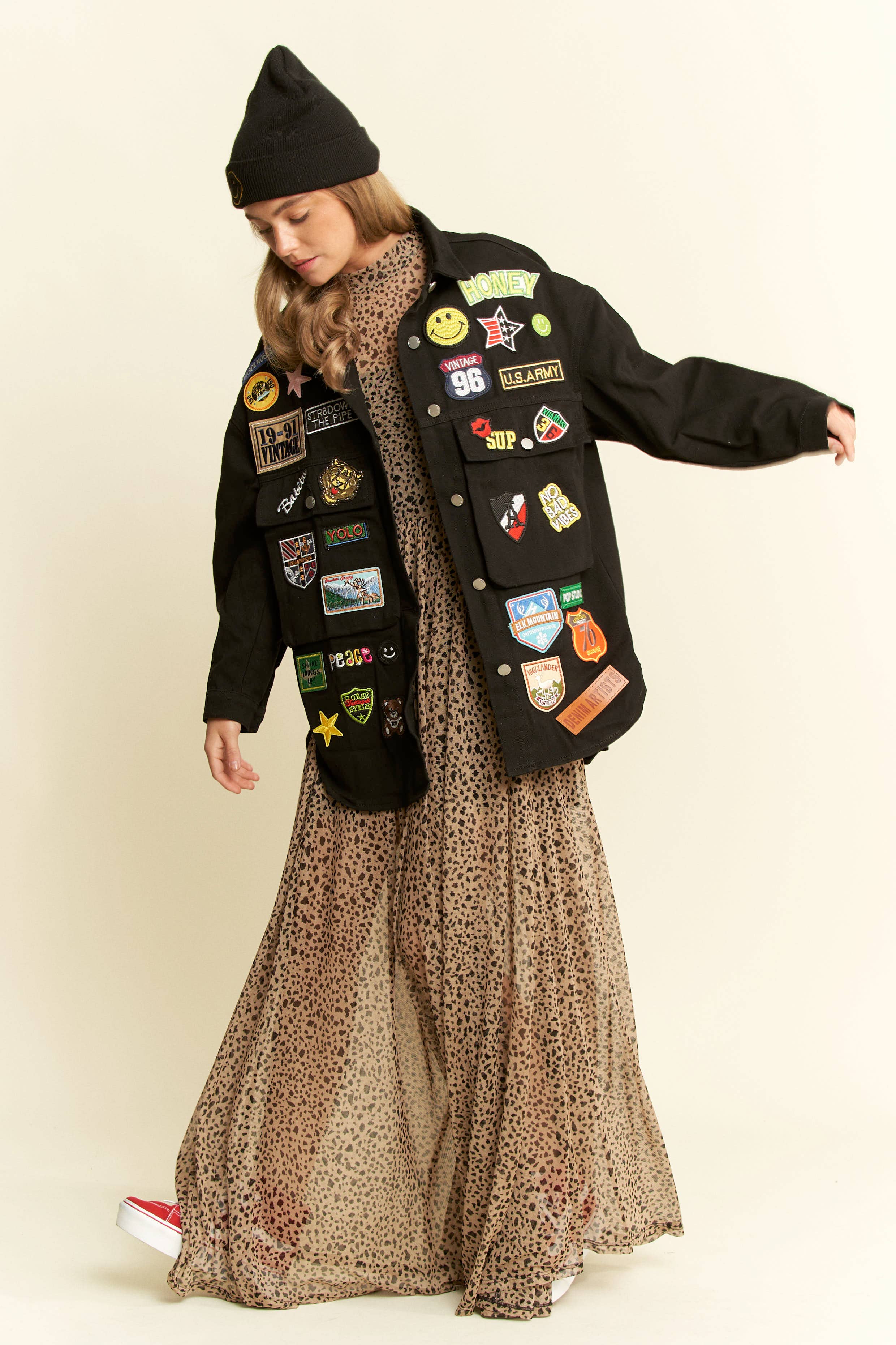 BLACK MULTI PATCH OVERSIZE JACKET-Jackets-JADE BY JANE-Stuffology - Where Vintage Meets Modern, A Boutique for Real Women in Crosbyton, TX