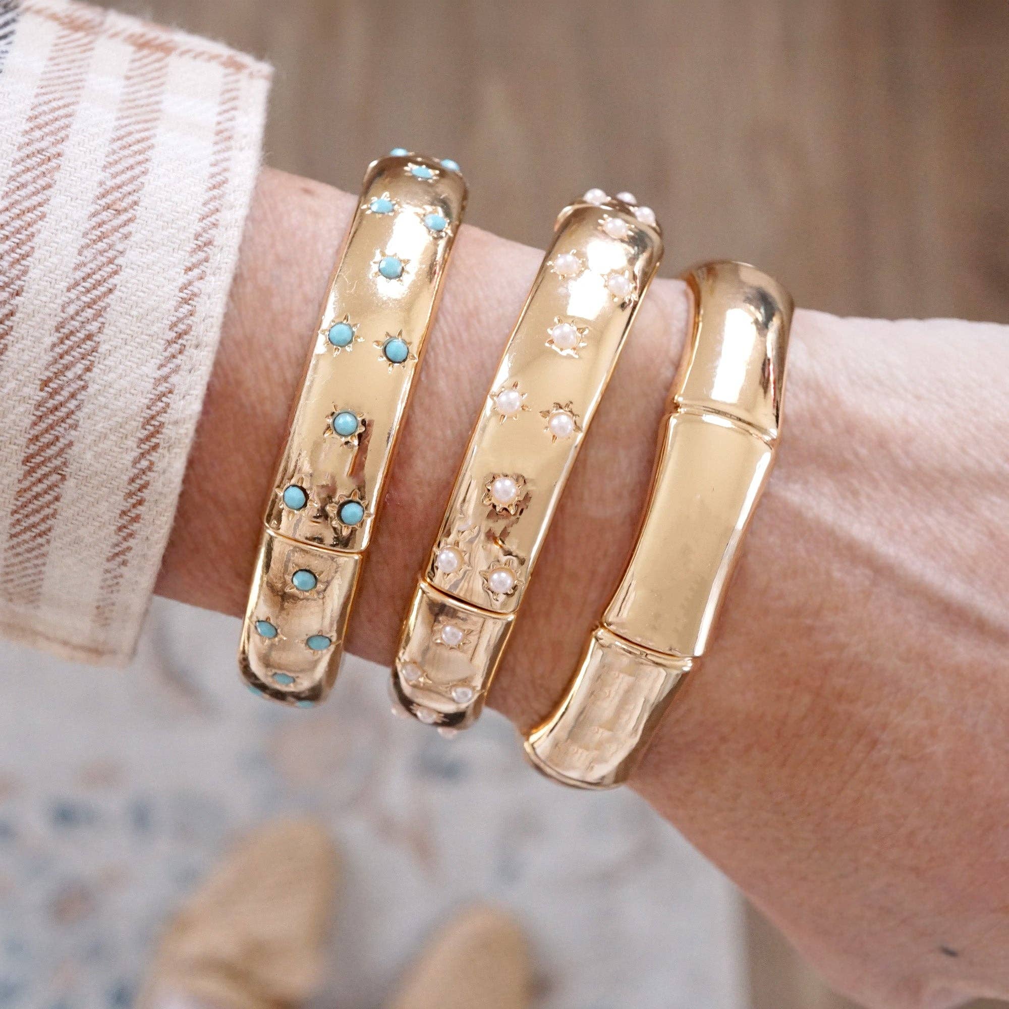 Gold-Tone Eternity Stretch Bangle – Pearls, Turquoise, or Crystals-Bracelets-PennyLine inc-Stuffology - Where Vintage Meets Modern, A Boutique for Real Women in Crosbyton, TX