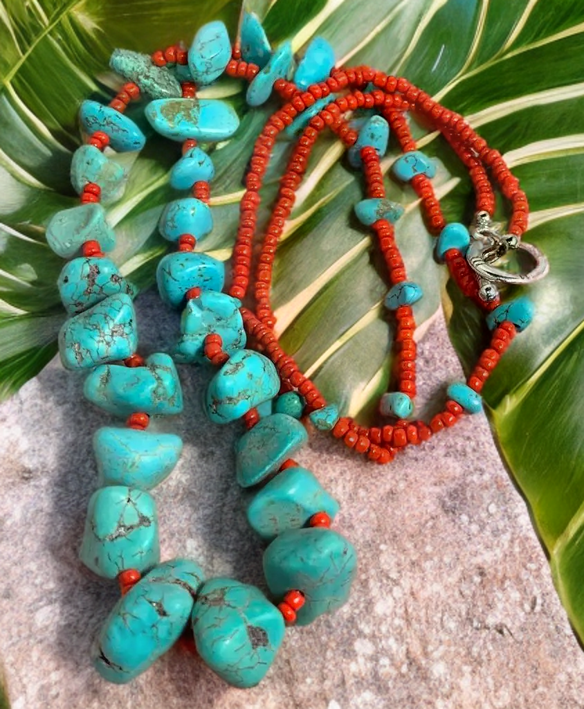 Turquoise red seed bead necklace Native American handmade-Necklaces-Horse Spirit Studio-Stuffology - Where Vintage Meets Modern, A Boutique for Real Women in Crosbyton, TX