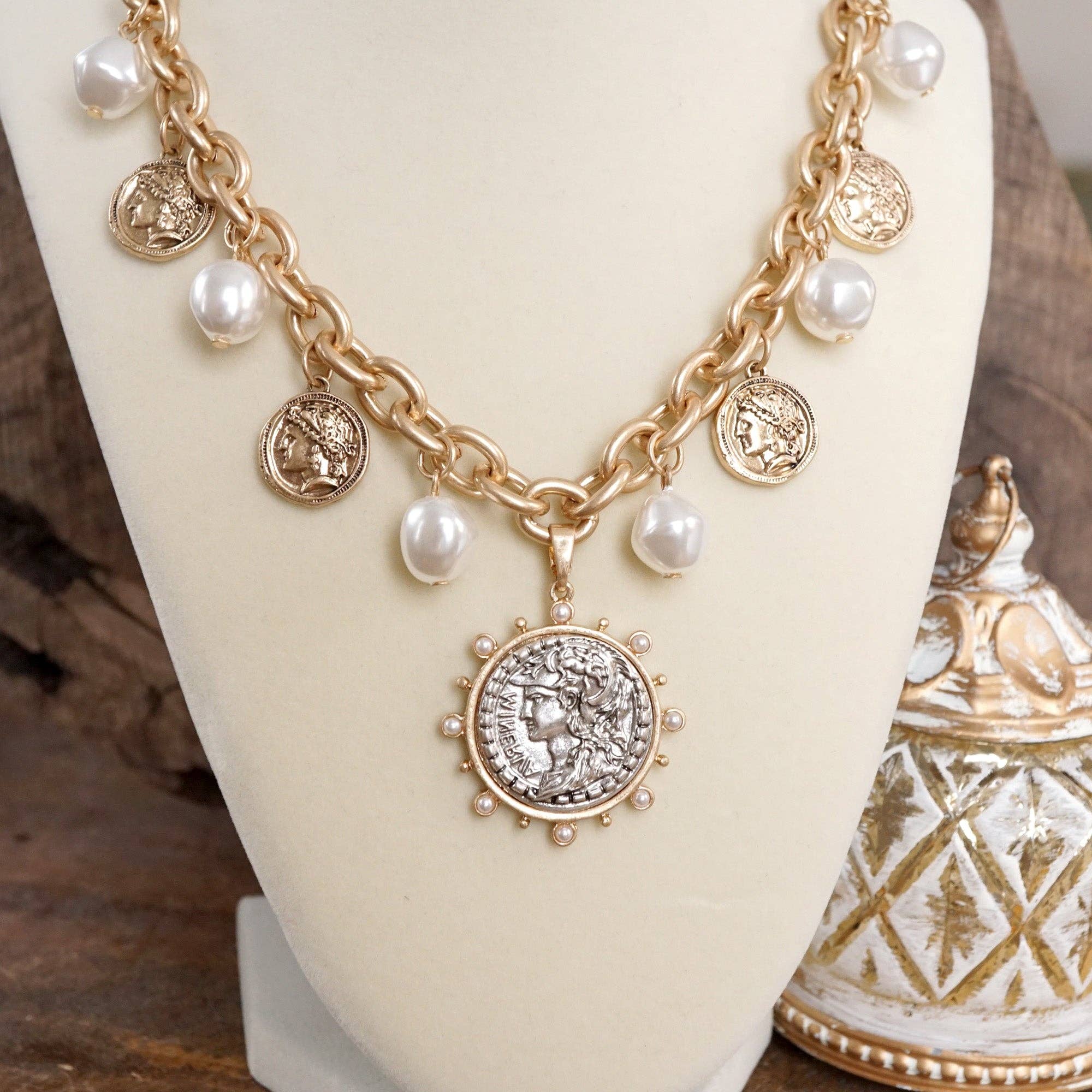 Boho Coin and Pearl Charms Statement Necklace – Gold and Silver Tone-PennyLine inc-Stuffology - Where Vintage Meets Modern, A Boutique for Real Women in Crosbyton, TX