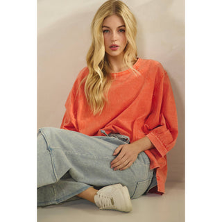 ORANGE MINERAL WASH OVERSIZE PUFF-SLEEVE PULLOVER TEE-TOP-Sage + Fig-Stuffology - Where Vintage Meets Modern, A Boutique for Real Women in Crosbyton, TX