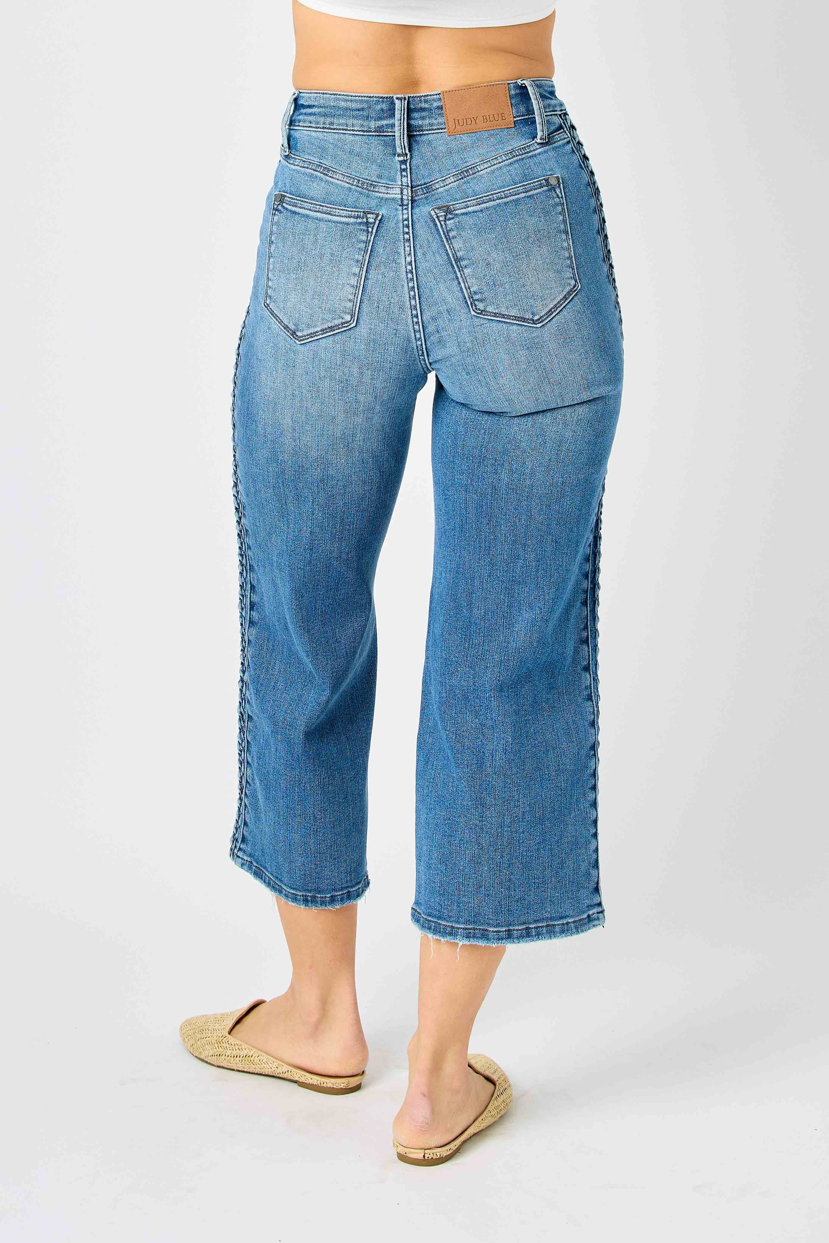 JUDY BLUE BRAIDED WIDE CROP MEDIUM WASH JEANS / STUFFOLOGY BOUTIQUE-Jeans-Judy Blue-Stuffology - Where Vintage Meets Modern, A Boutique for Real Women in Crosbyton, TX