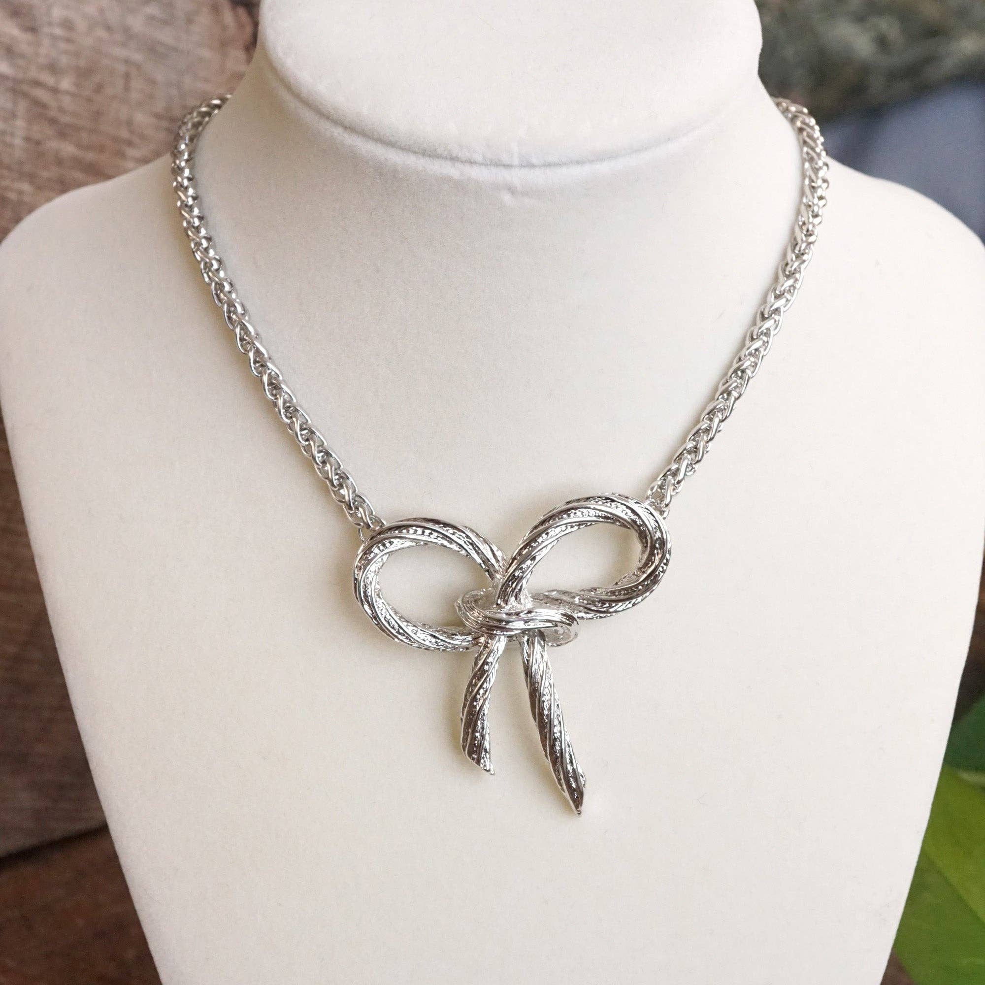 Large Rope Textured Bow Pendant Statement Necklace Silver Tone-Necklaces-PennyLine inc-Stuffology - Where Vintage Meets Modern, A Boutique for Real Women in Crosbyton, TX